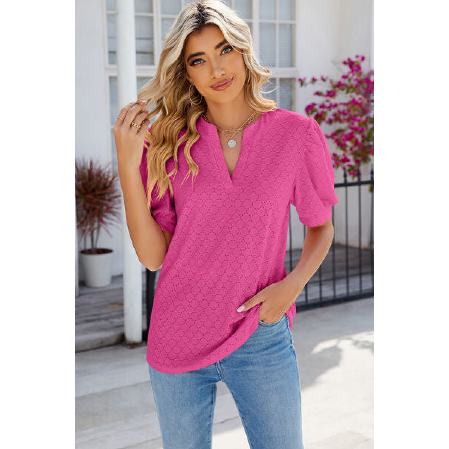 Eyelet Notched Puff Sleeve T - Shirt Apparel and Accessories