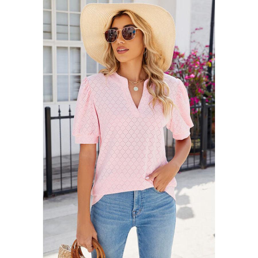 Eyelet Notched Puff Sleeve T - Shirt Apparel and Accessories