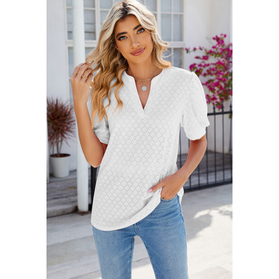 Eyelet Notched Puff Sleeve T - Shirt Apparel and Accessories