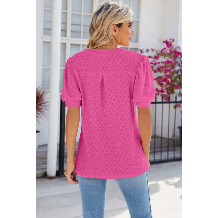 Eyelet Notched Puff Sleeve T - Shirt Apparel and Accessories