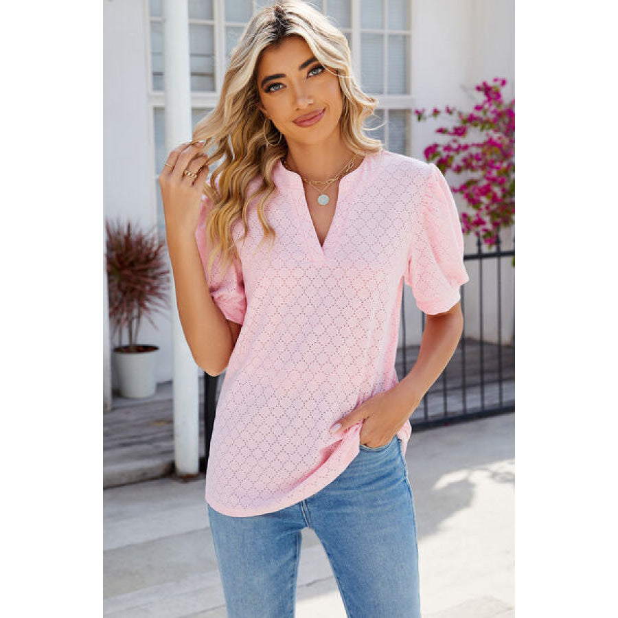 Eyelet Notched Puff Sleeve T - Shirt Apparel and Accessories
