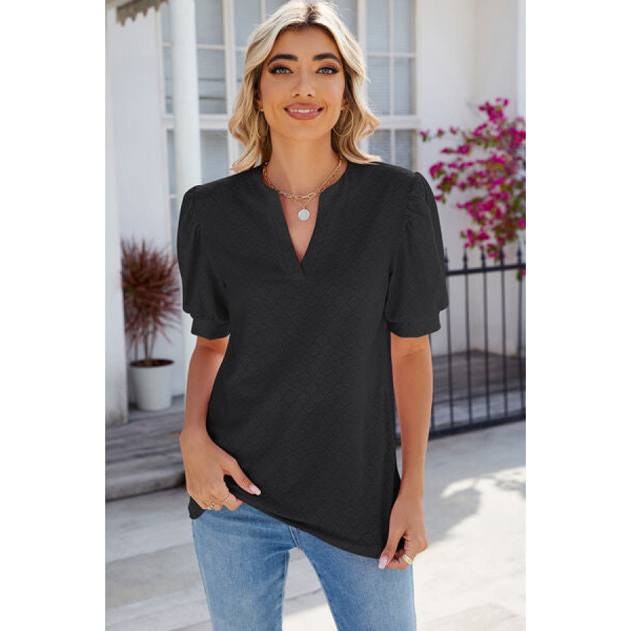 Eyelet Notched Puff Sleeve T - Shirt Black / S Apparel and Accessories
