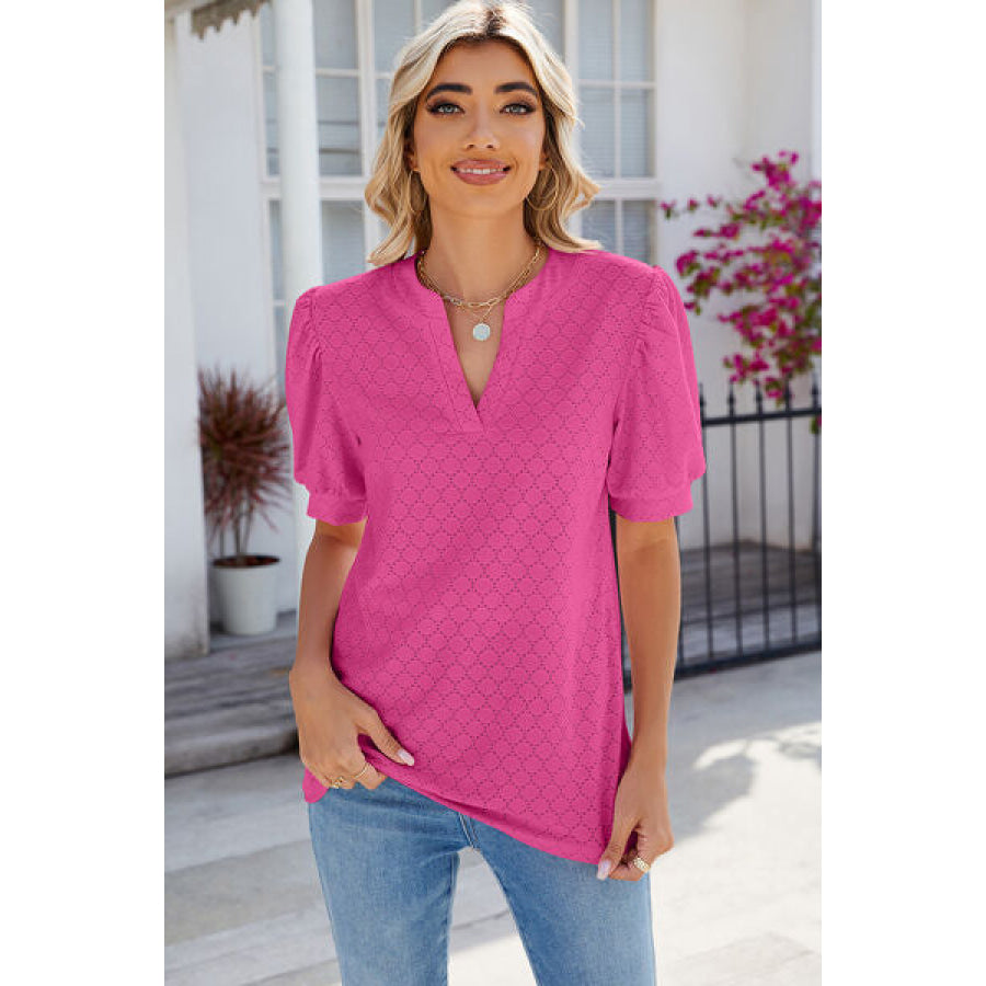 Eyelet Notched Puff Sleeve T - Shirt Hot Pink / S Apparel and Accessories