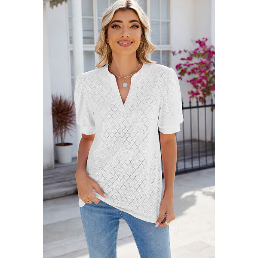 Eyelet Notched Puff Sleeve T - Shirt White / S Apparel and Accessories