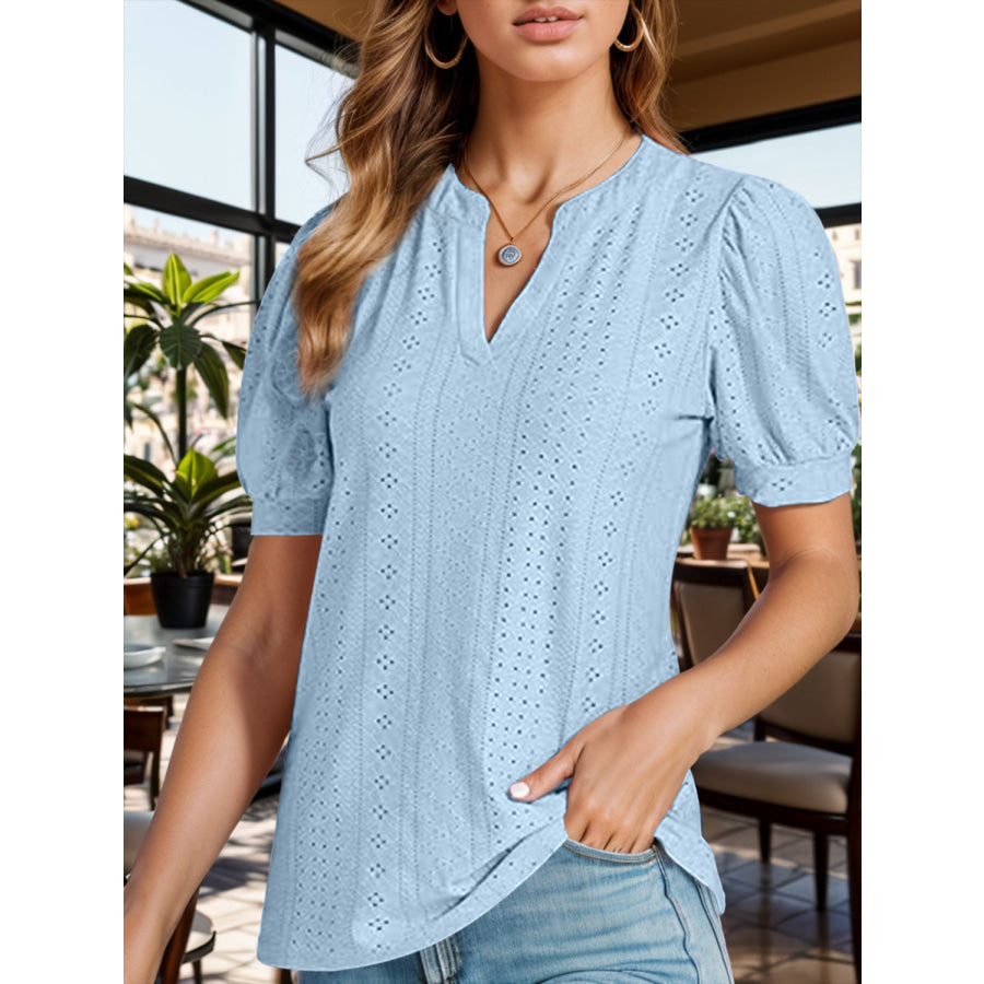 Eyelet Notched Short Sleeve Blouse Apparel and Accessories