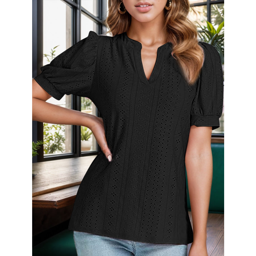 Eyelet Notched Short Sleeve Blouse Apparel and Accessories