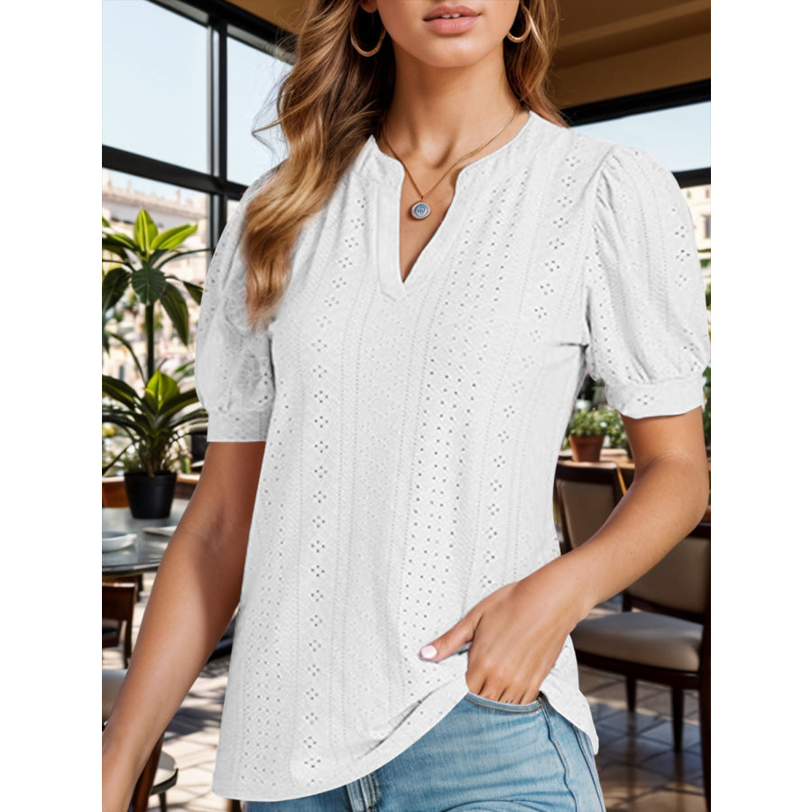 Eyelet Notched Short Sleeve Blouse Apparel and Accessories