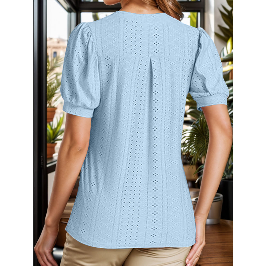 Eyelet Notched Short Sleeve Blouse Apparel and Accessories