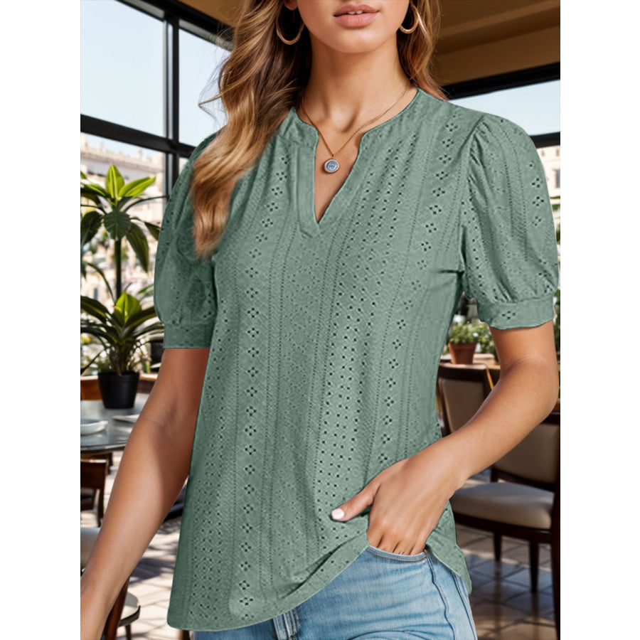 Eyelet Notched Short Sleeve Blouse Apparel and Accessories