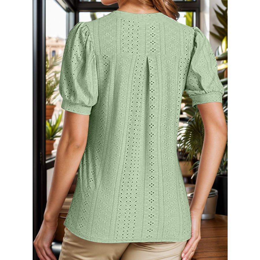 Eyelet Notched Short Sleeve Blouse Apparel and Accessories