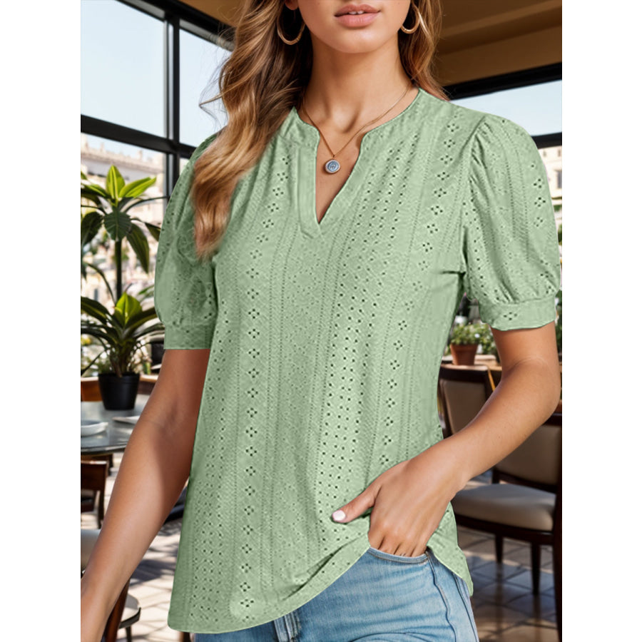 Eyelet Notched Short Sleeve Blouse Apparel and Accessories