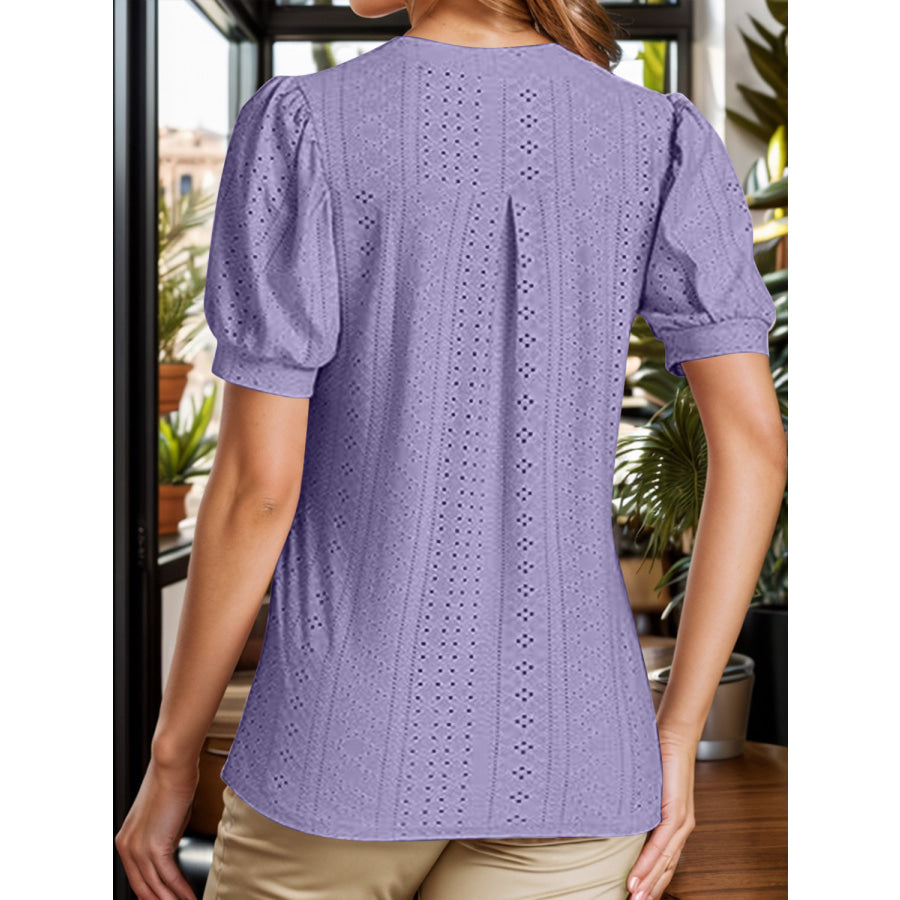 Eyelet Notched Short Sleeve Blouse Apparel and Accessories