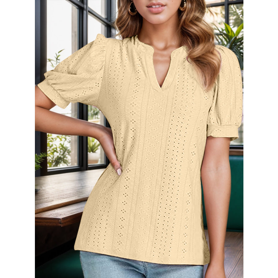 Eyelet Notched Short Sleeve Blouse Apparel and Accessories