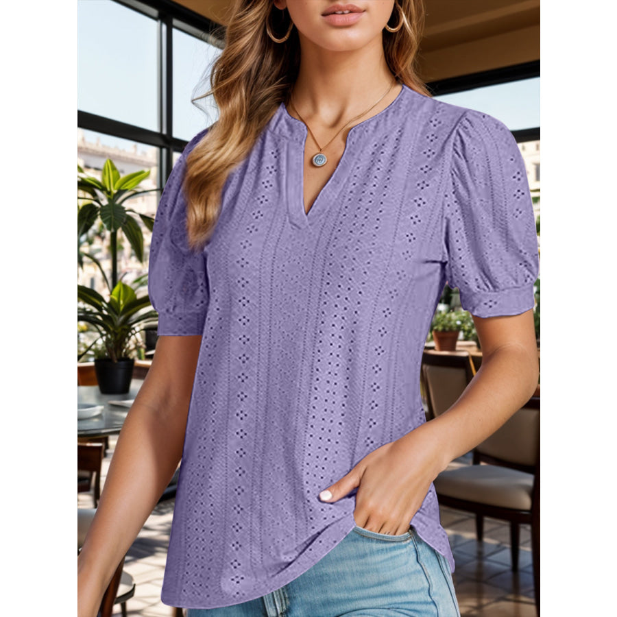 Eyelet Notched Short Sleeve Blouse Apparel and Accessories