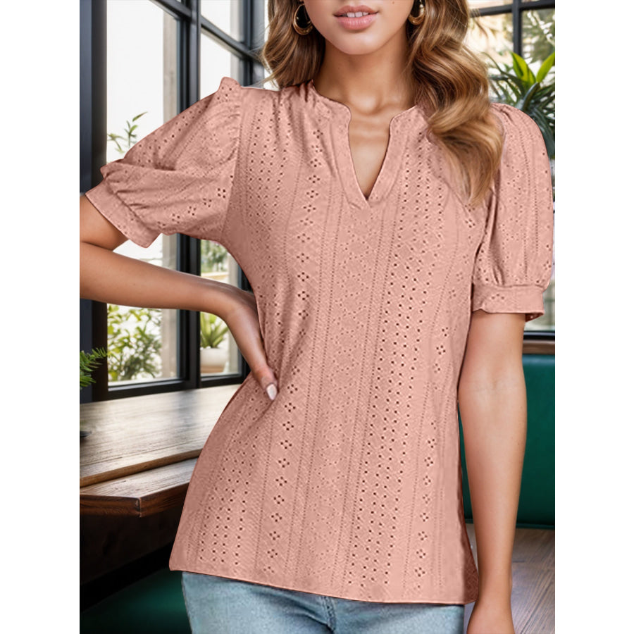 Eyelet Notched Short Sleeve Blouse Apparel and Accessories