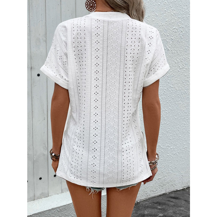 Eyelet Notched Short Sleeve Blouse Apparel and Accessories