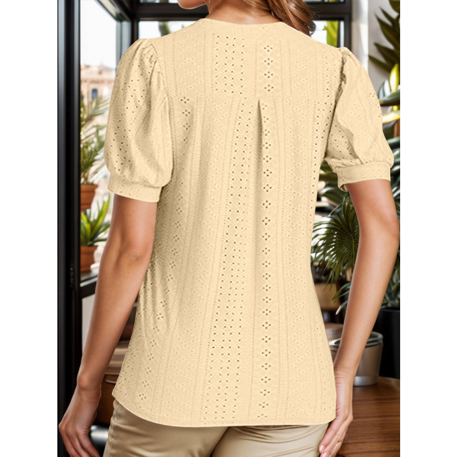 Eyelet Notched Short Sleeve Blouse Apparel and Accessories