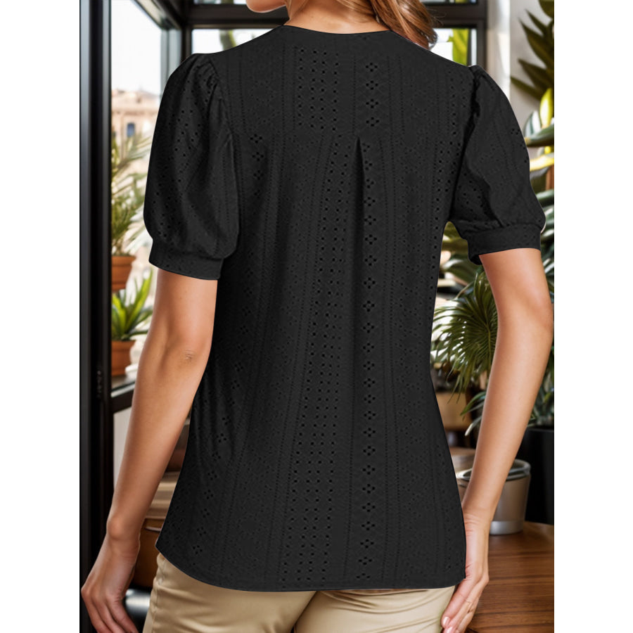 Eyelet Notched Short Sleeve Blouse Apparel and Accessories