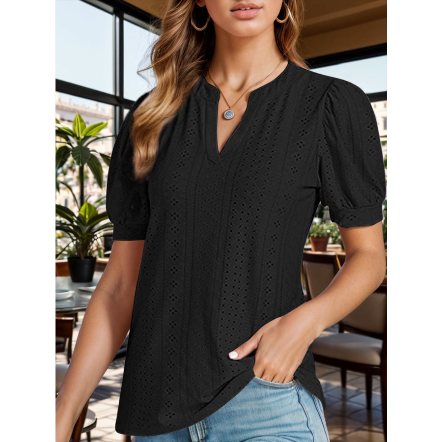 Eyelet Notched Short Sleeve Blouse Black / S Apparel and Accessories