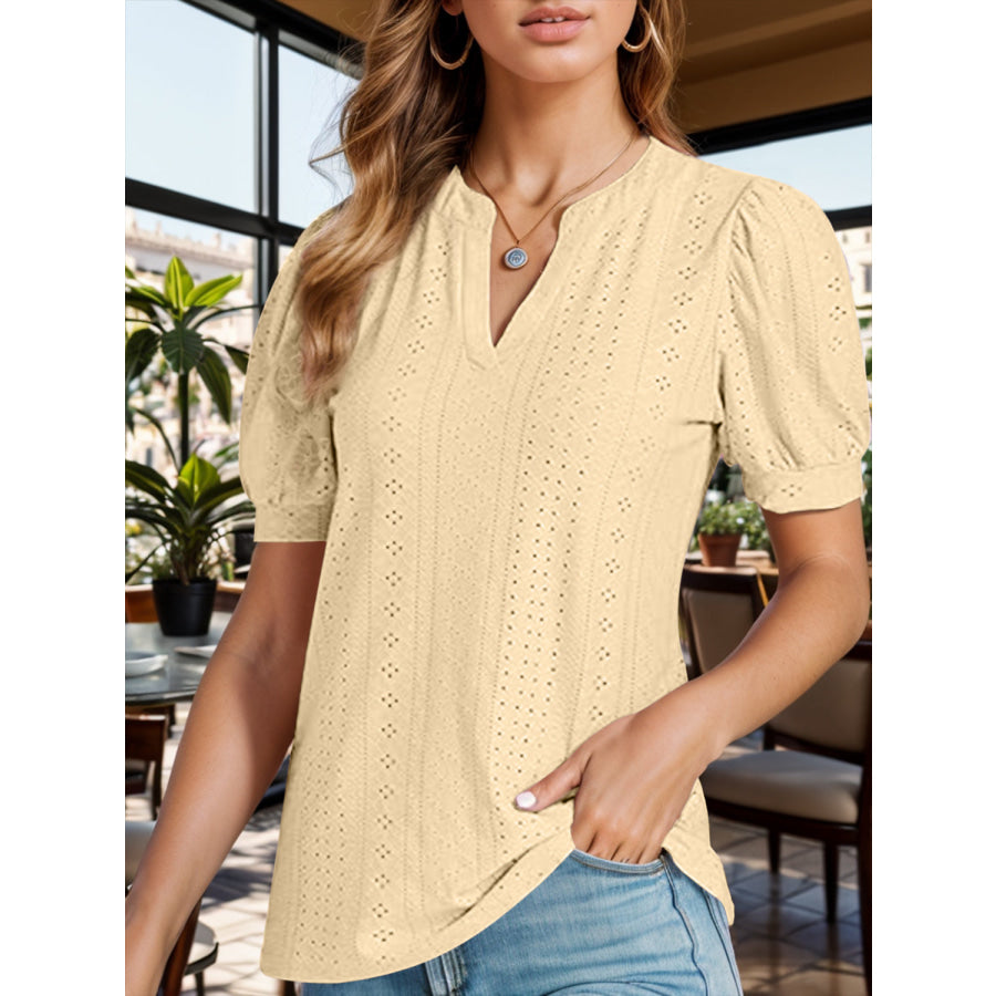 Eyelet Notched Short Sleeve Blouse Butter Yellow / S Apparel and Accessories