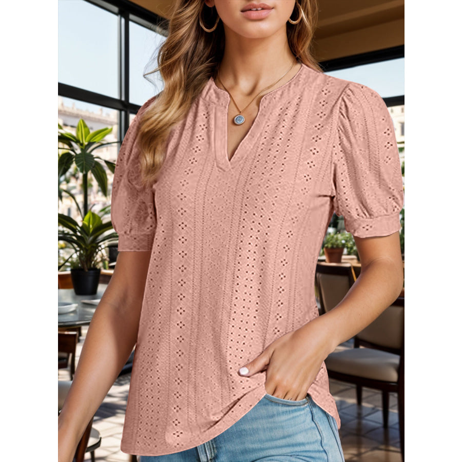 Eyelet Notched Short Sleeve Blouse Dusty Pink / S Apparel and Accessories