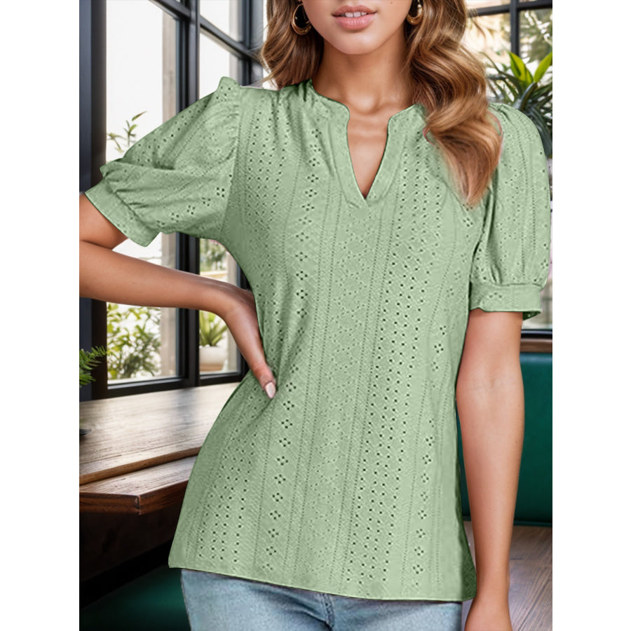 Eyelet Notched Short Sleeve Blouse Gum Leaf / S Apparel and Accessories