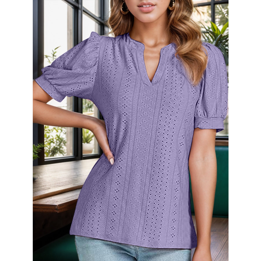 Eyelet Notched Short Sleeve Blouse Lavender / S Apparel and Accessories