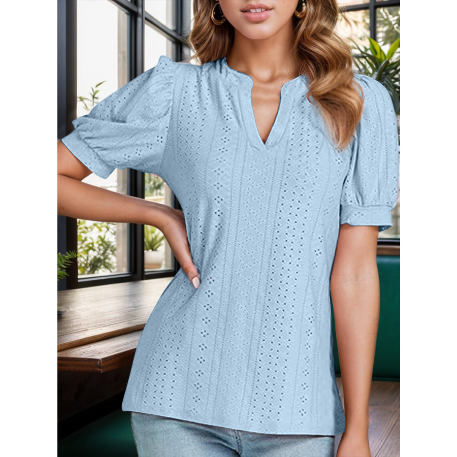 Eyelet Notched Short Sleeve Blouse Misty Blue / S Apparel and Accessories