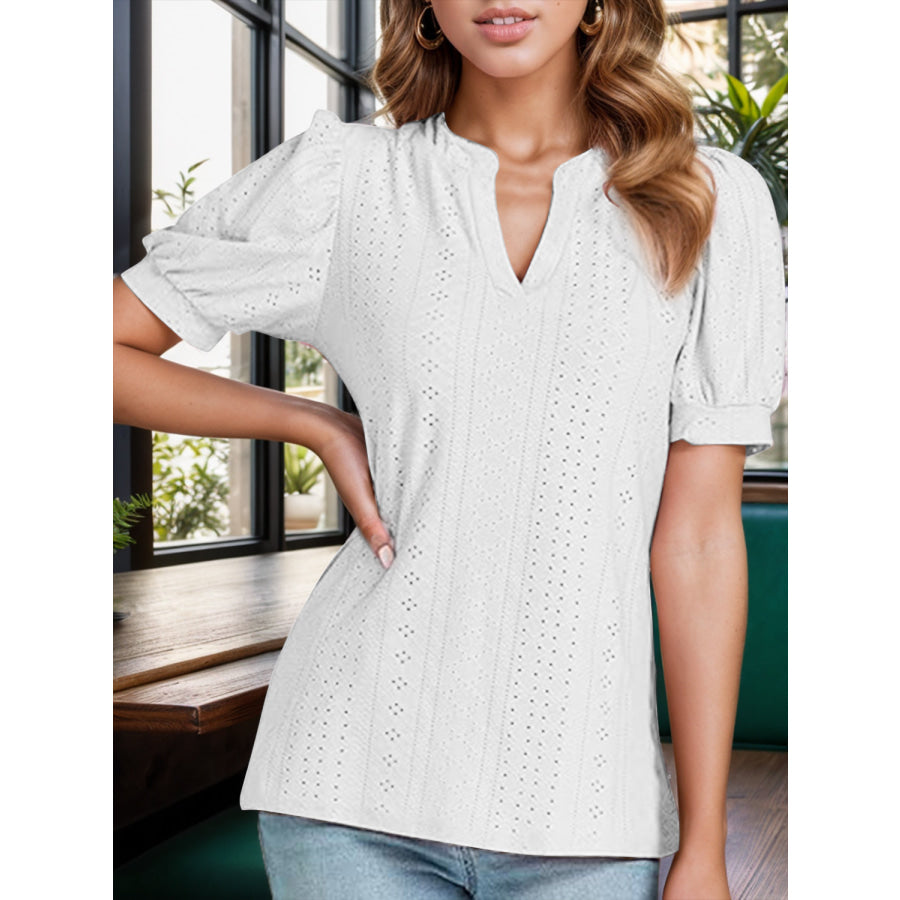 Eyelet Notched Short Sleeve Blouse White / S Apparel and Accessories