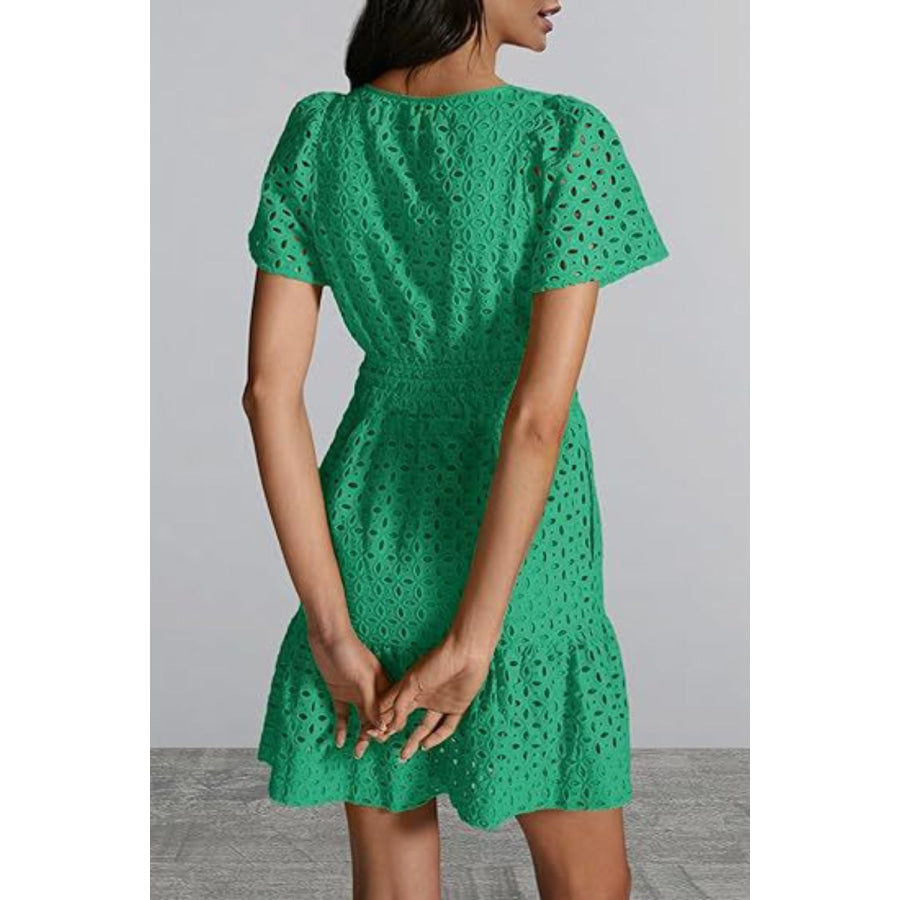 Eyelet Notched Short Sleeve Mini Dress Apparel and Accessories