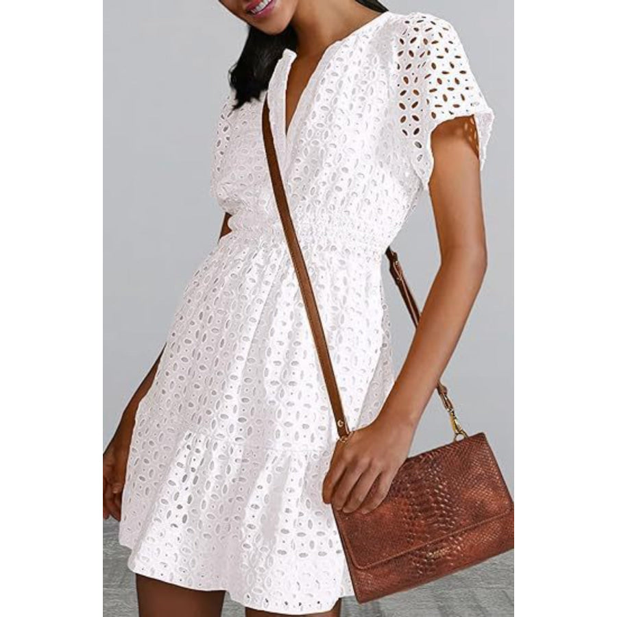 Eyelet Notched Short Sleeve Mini Dress Apparel and Accessories