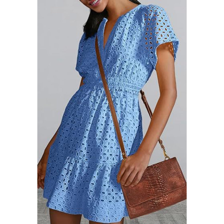 Eyelet Notched Short Sleeve Mini Dress Apparel and Accessories