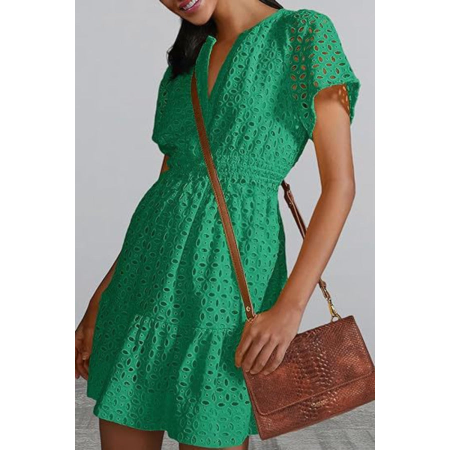 Eyelet Notched Short Sleeve Mini Dress Apparel and Accessories