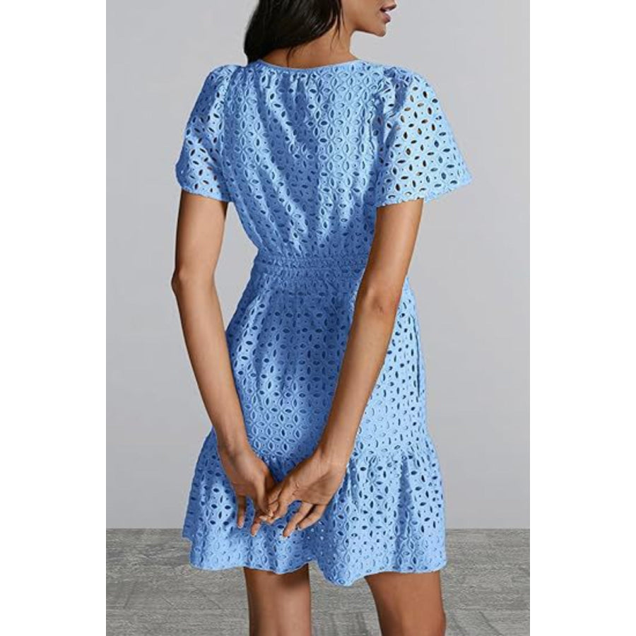 Eyelet Notched Short Sleeve Mini Dress Apparel and Accessories