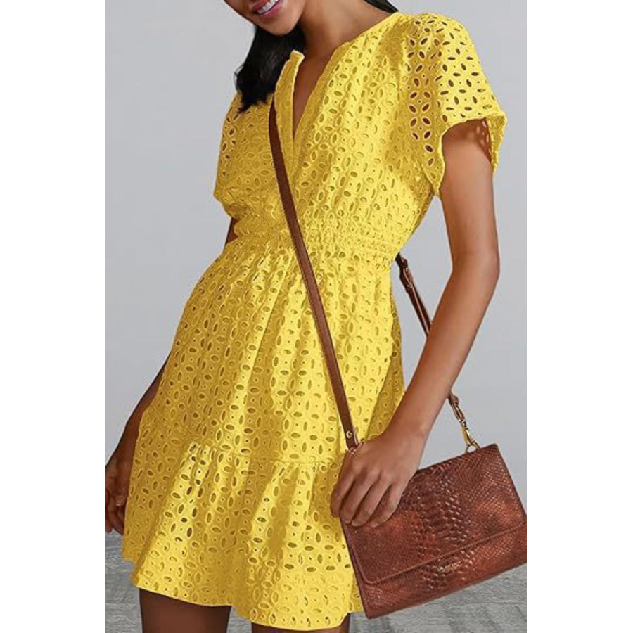 Eyelet Notched Short Sleeve Mini Dress Apparel and Accessories