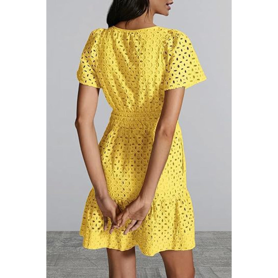 Eyelet Notched Short Sleeve Mini Dress Apparel and Accessories