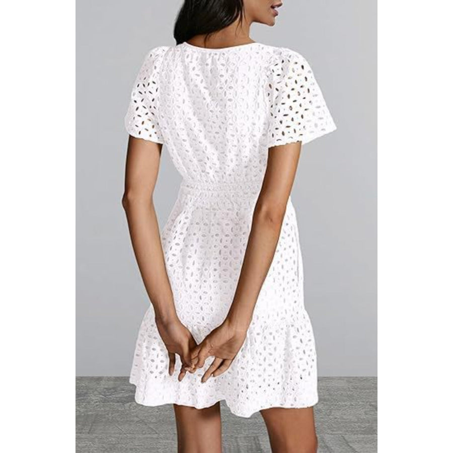 Eyelet Notched Short Sleeve Mini Dress Apparel and Accessories