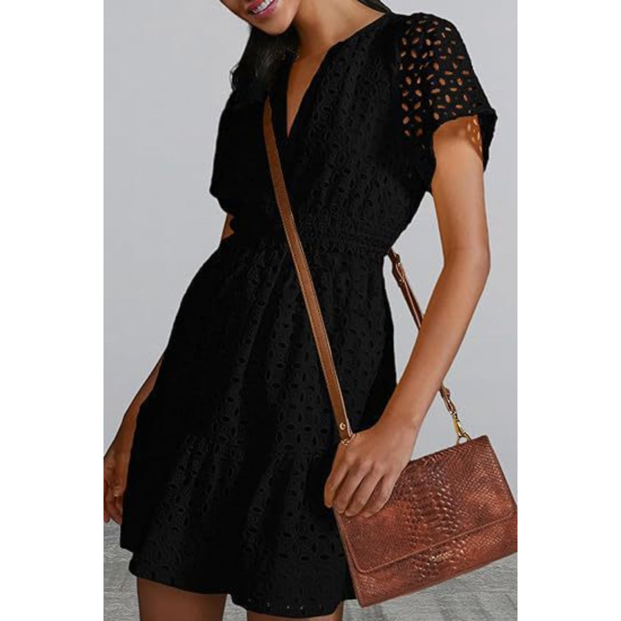 Eyelet Notched Short Sleeve Mini Dress Apparel and Accessories