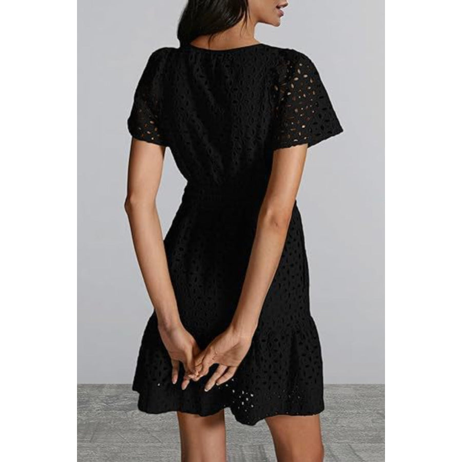 Eyelet Notched Short Sleeve Mini Dress Apparel and Accessories