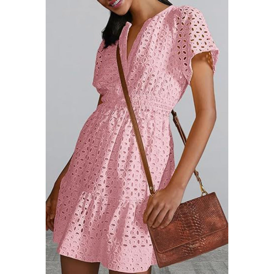 Eyelet Notched Short Sleeve Mini Dress Apparel and Accessories