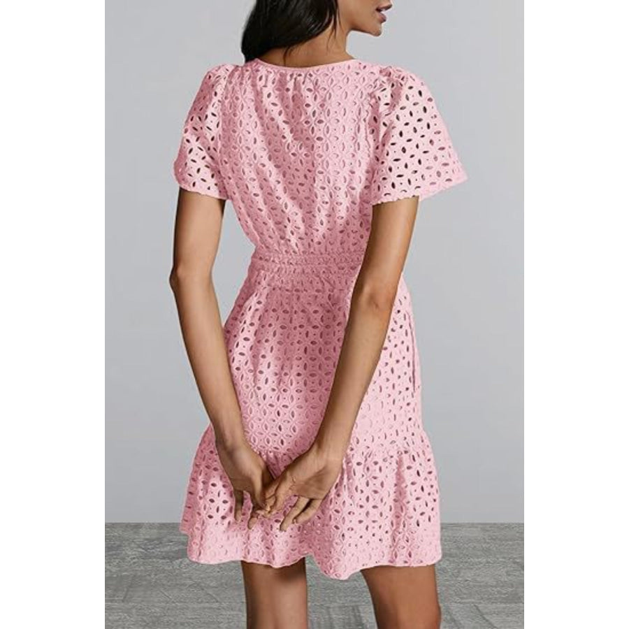 Eyelet Notched Short Sleeve Mini Dress Apparel and Accessories