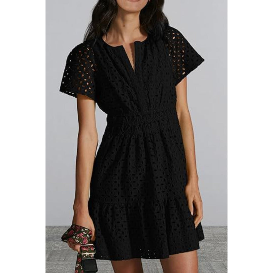 Eyelet Notched Short Sleeve Mini Dress Black / S Apparel and Accessories