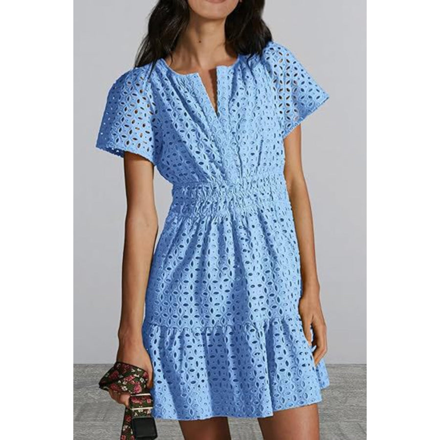 Eyelet Notched Short Sleeve Mini Dress Blue / S Apparel and Accessories