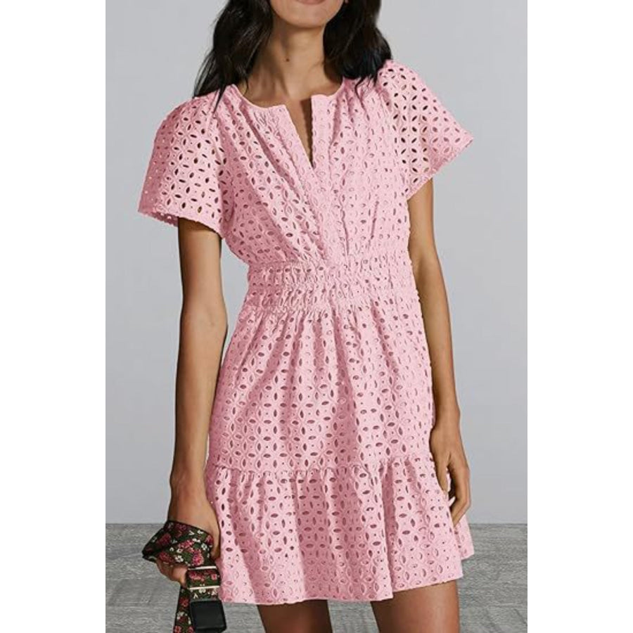 Eyelet Notched Short Sleeve Mini Dress Blush Pink / S Apparel and Accessories