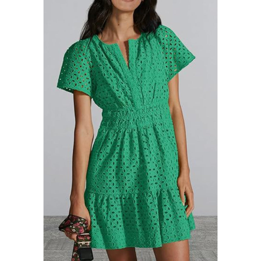 Eyelet Notched Short Sleeve Mini Dress Green / S Apparel and Accessories