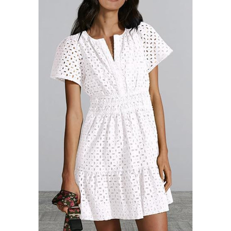 Eyelet Notched Short Sleeve Mini Dress White / S Apparel and Accessories