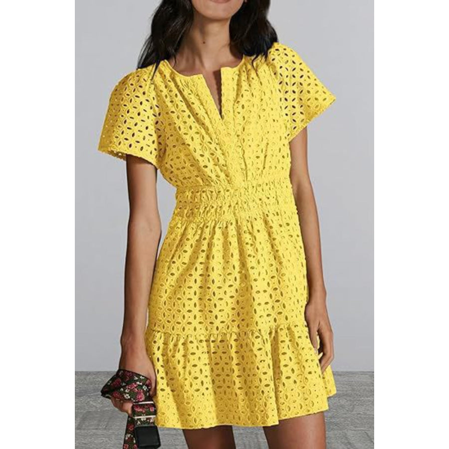 Eyelet Notched Short Sleeve Mini Dress Yellow / S Apparel and Accessories