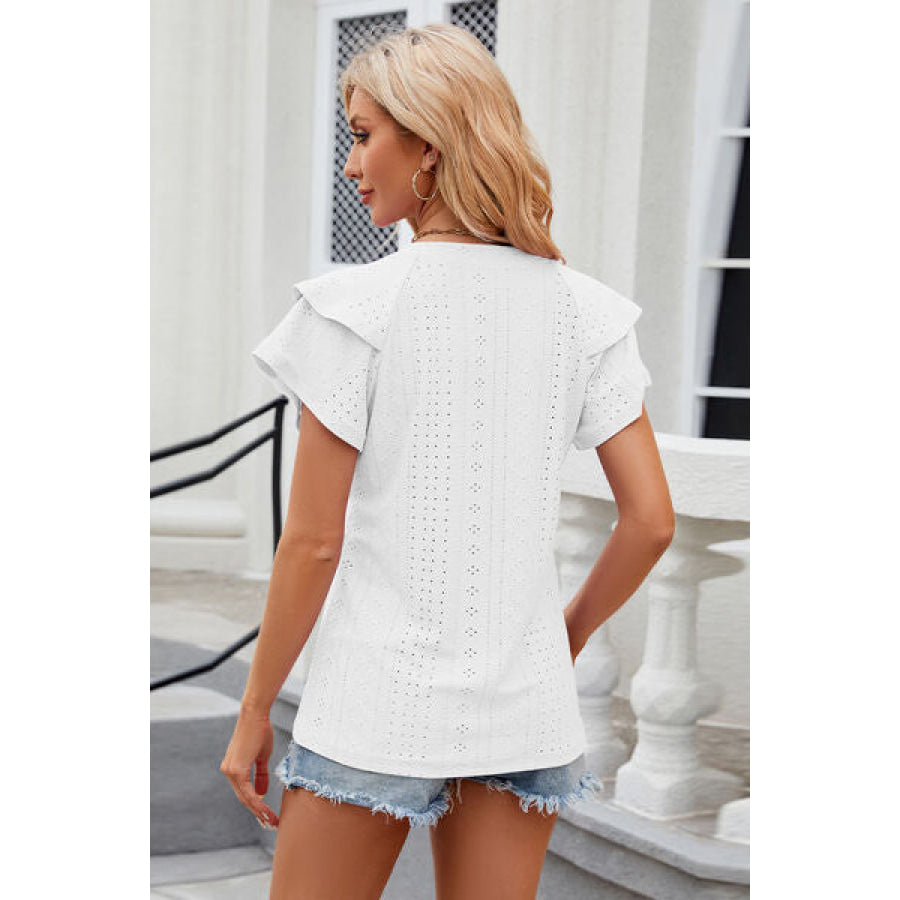 Eyelet Notched Short Sleeve T - Shirt Apparel and Accessories