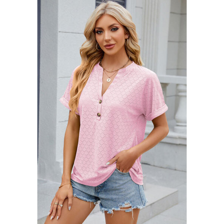 Eyelet Notched Short Sleeve T - Shirt Apparel and Accessories
