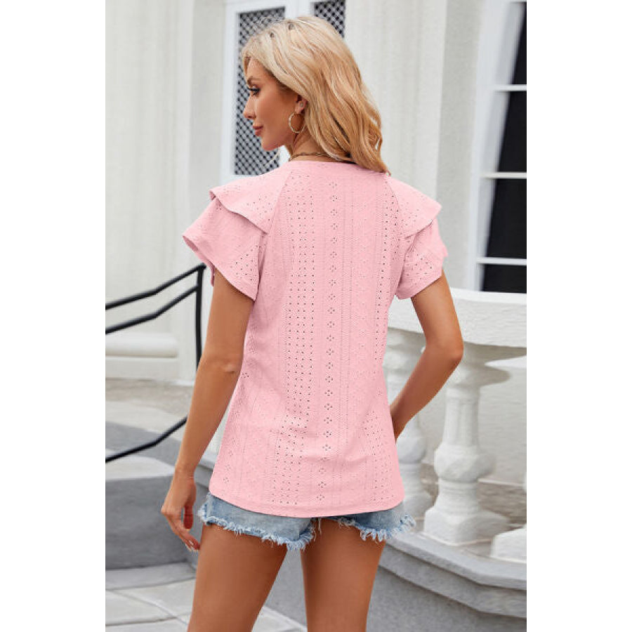 Eyelet Notched Short Sleeve T - Shirt Apparel and Accessories